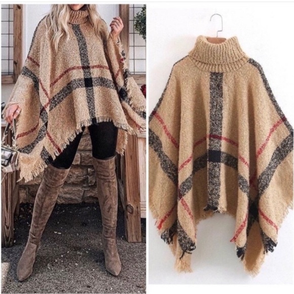 Cozy Plaid Nubby Knit Turtleneck Pullover Poncho Cape Cardigan Camel, Red, Black - Picture 2 of 5